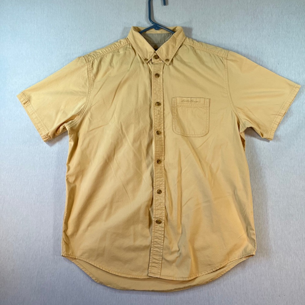 Eddie Bauer Mens Large Yellow Short Sleeve Cotton Button Down Shirt Pocket L